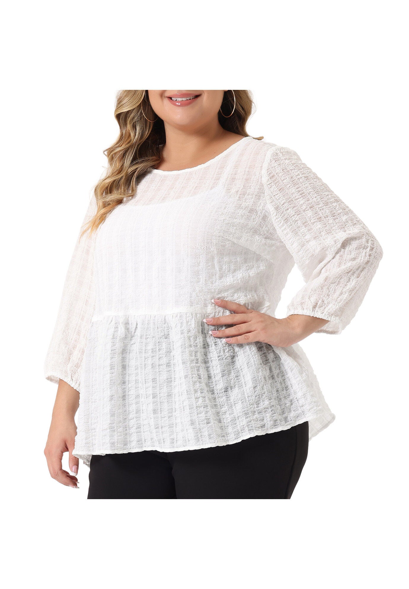 Babydoll Blouse Round Neck 3/4 Puff Sleeve Tiered Peplum Top, White / White, alternate image number 2