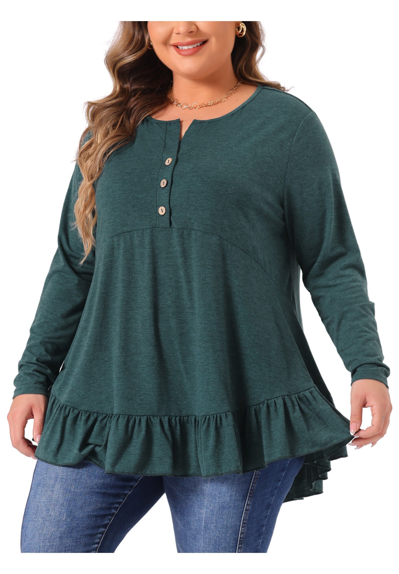 Henley V Neck Ruffled Hem Flowy Blouse Tunic, Dark Green / Forest Green, alternate image number 4