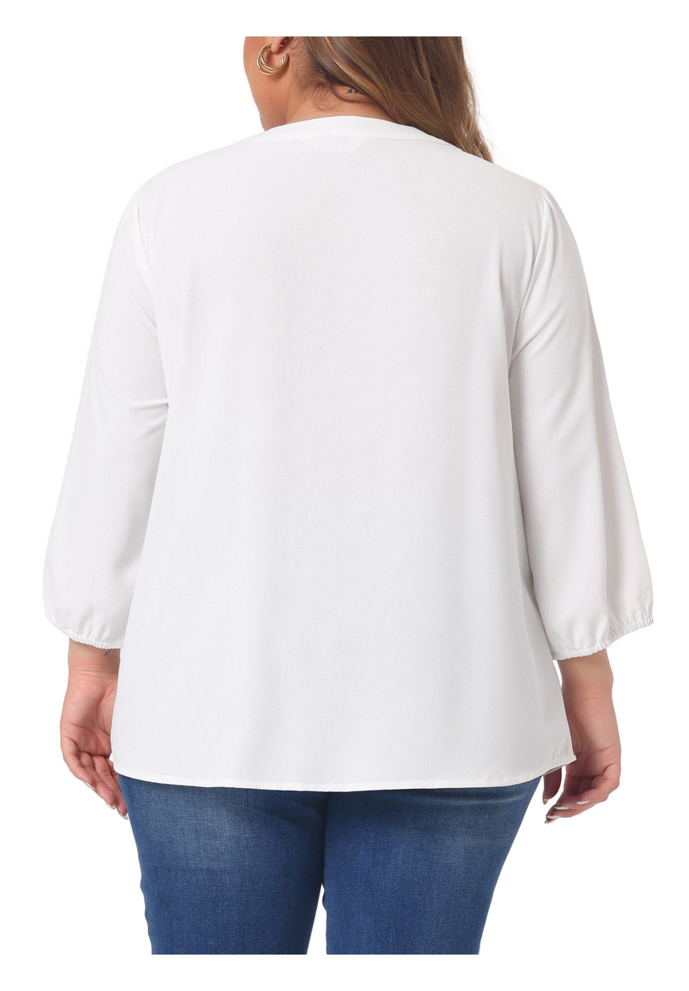 3/4 Sleeve Work Office Tie Front Ruffle Chiffon Blouse Top, White / White, alternate image number 3