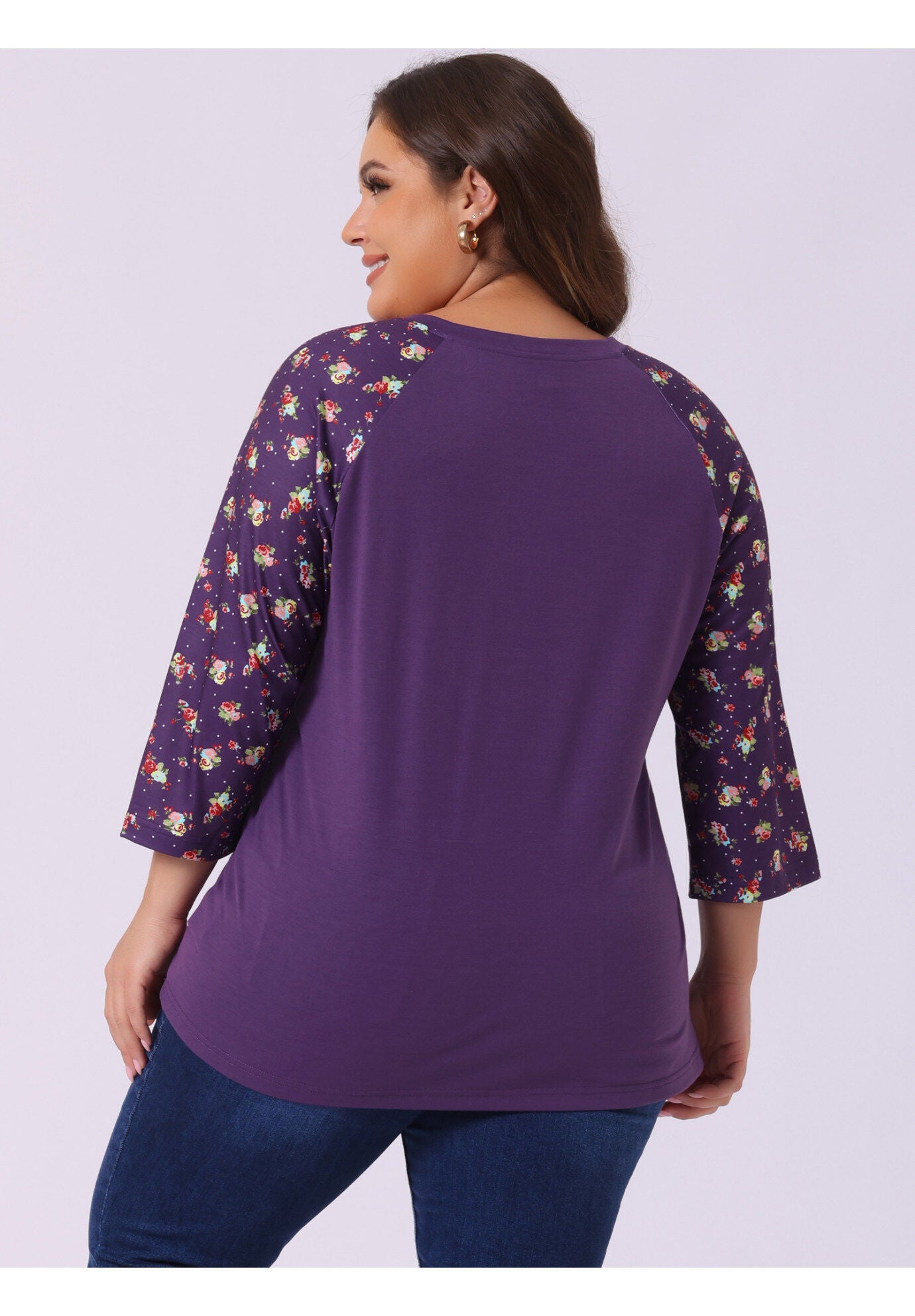 Casual V Neck 3/4 Sleeve Floral Raglan Top, Purple / Purple, alternate image number 3
