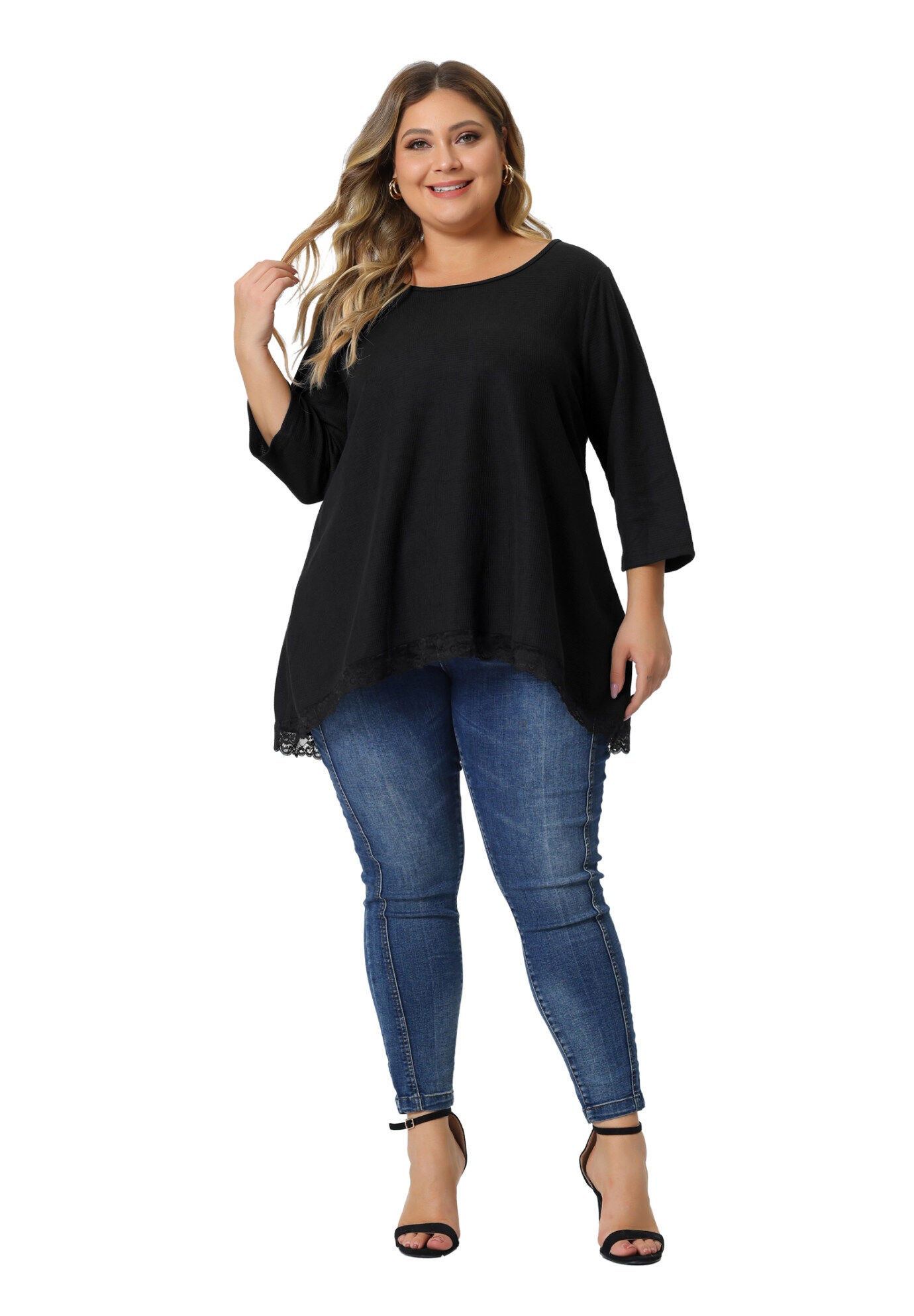 Waffle 3/4 Sleeve Lace Panel Loose High Low Hem Blouse Top, Black / Black, hi-res image number 0