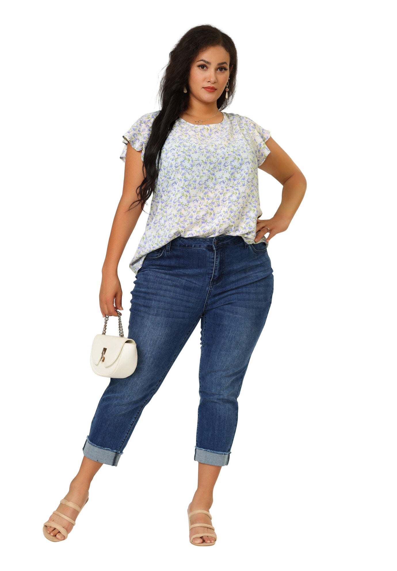 Summer Top Floral Round Neck Short Sleeves Ruffle Blouse, Light Purple / Purple, hi-res image number 0