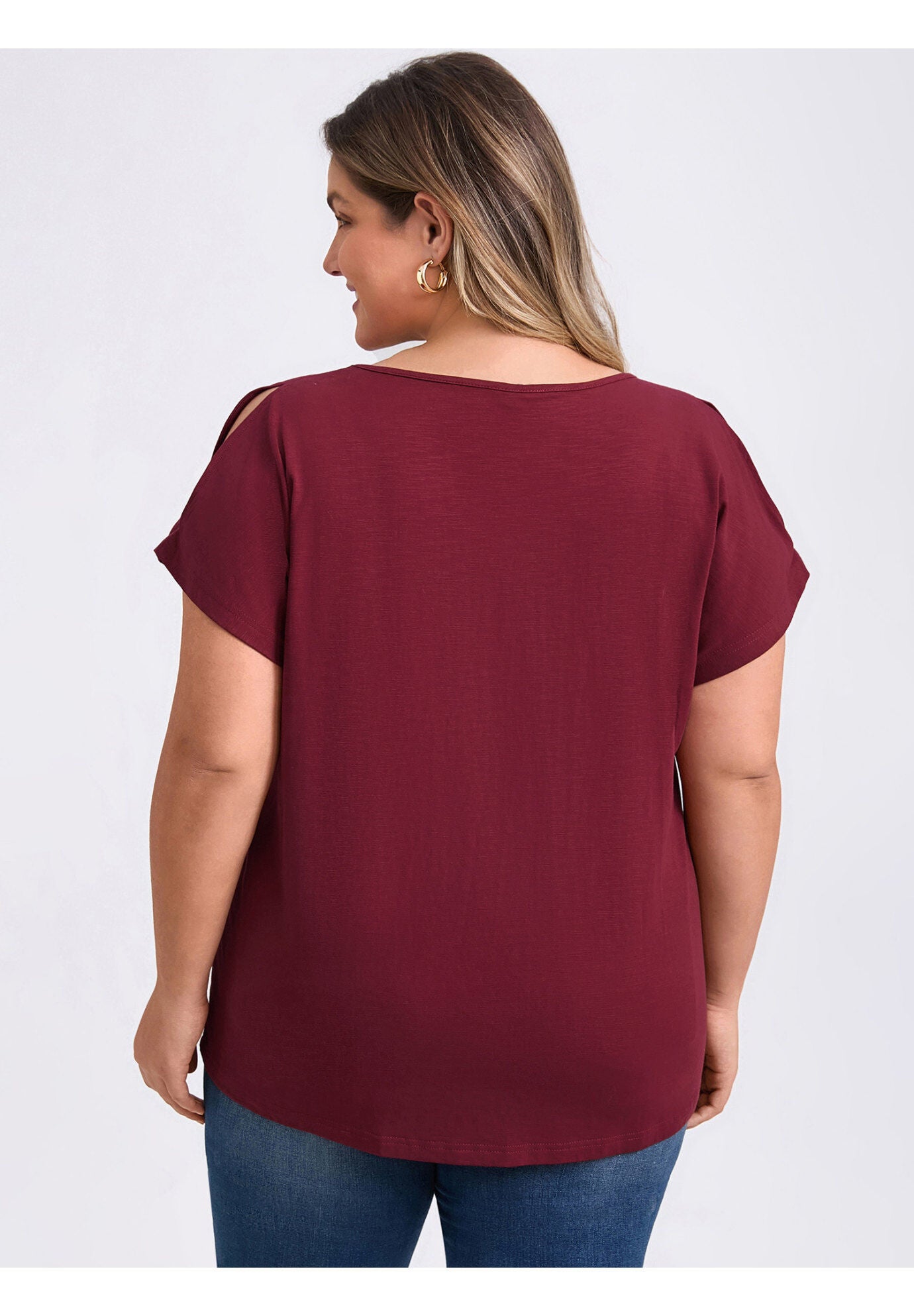 Front Pleated V Neck Slit Sleeve Blouses Cold Shoulder Casual Summer Tee Top, Dark Burgundy / Burgundy, alternate image number 2