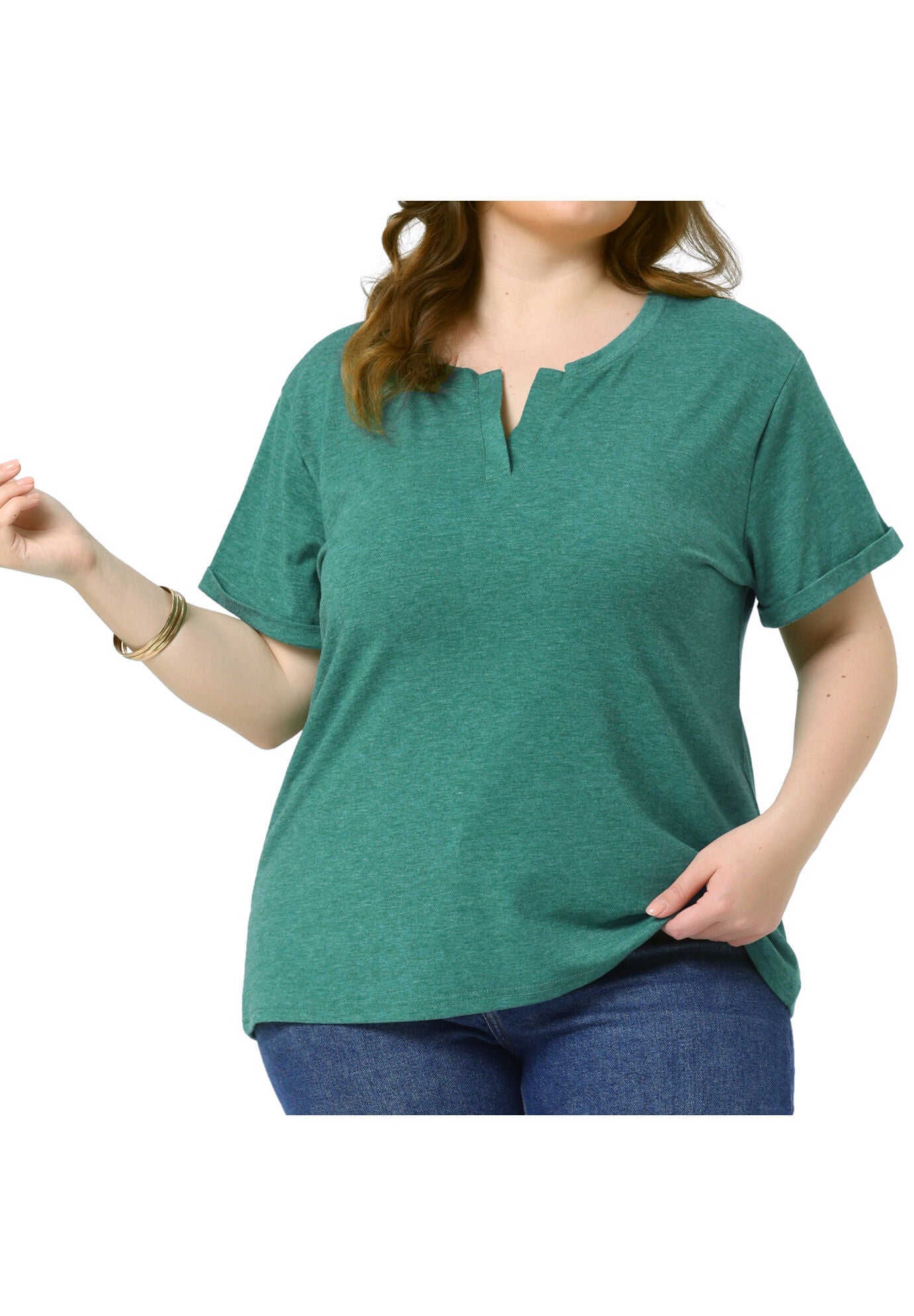 Short Sleeve Notched V Neck Summer Tees Tops, Green / Quetzal Green, alternate image number 1