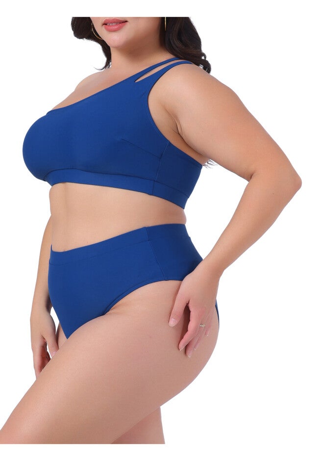 High Waisted Bikini Two Piece One Shoulder Keyhole Swimsuit, Navy Blue / Navy, alternate image number null