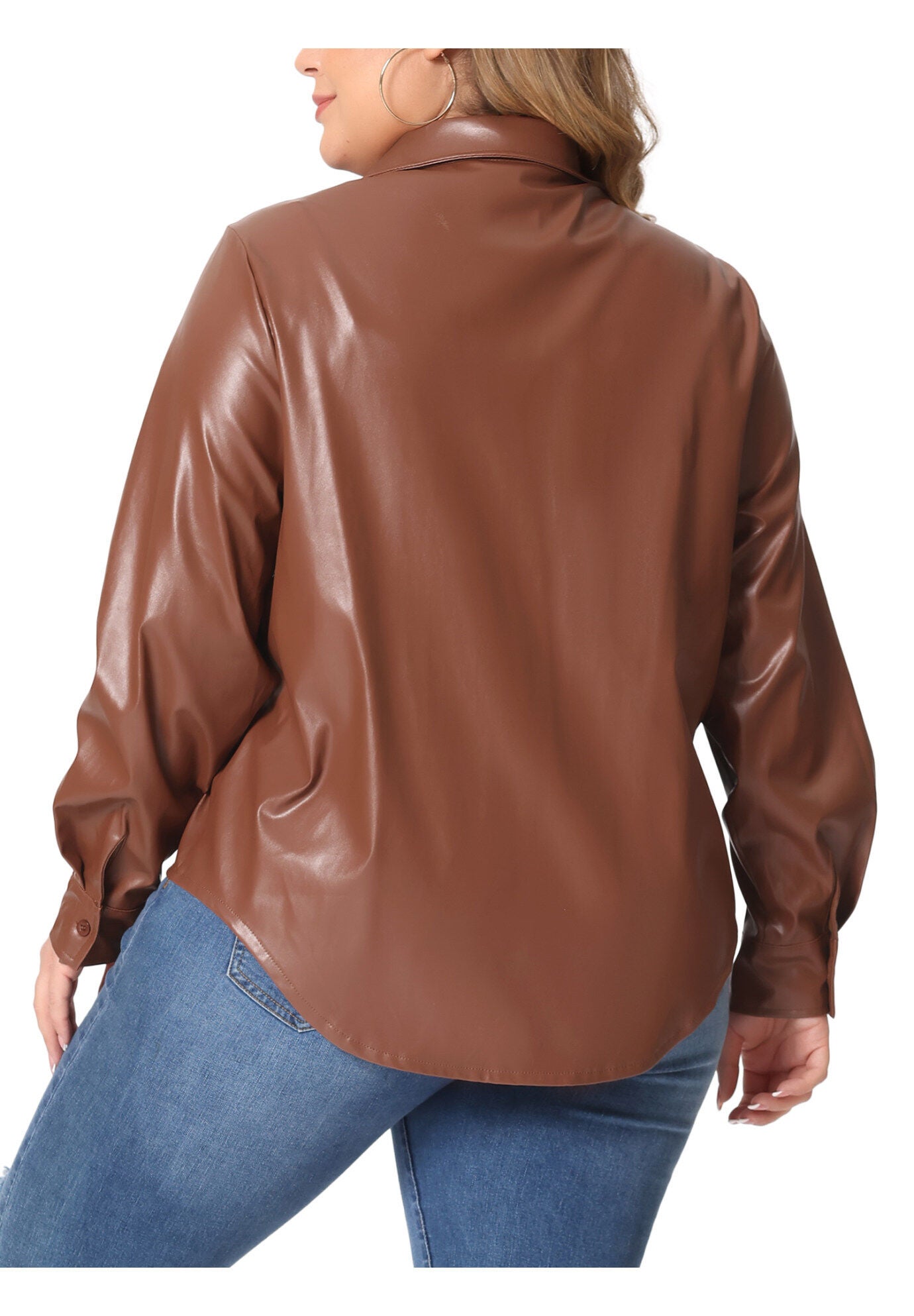 FAUX LEATHER JACKET SHACKET BUTTON DOWN SHIRT, Brown / Brown, alternate image number 3