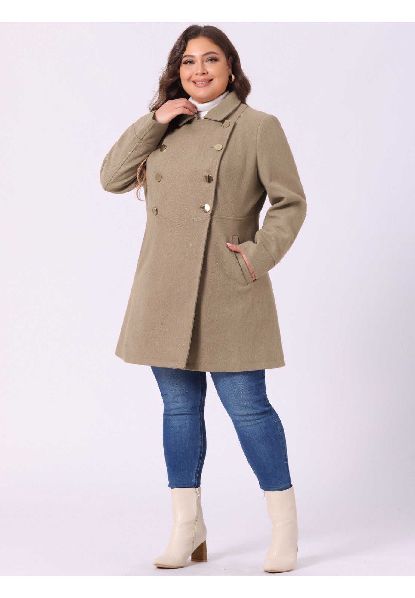 A-Line Peter Pan Collar Double Breasted Peacoat, Light Brown / Brown, hi-res image number 0