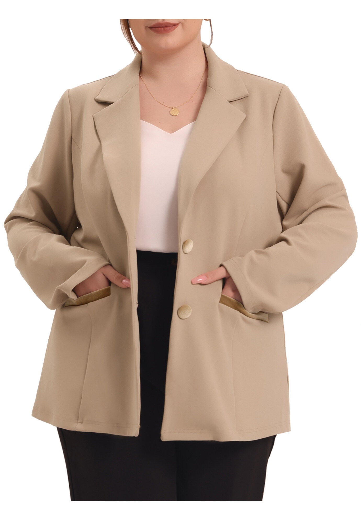 NOTCHED LAPEL V NECK WORK SUIT BLAZER, Khaki / Beige, alternate image number 1