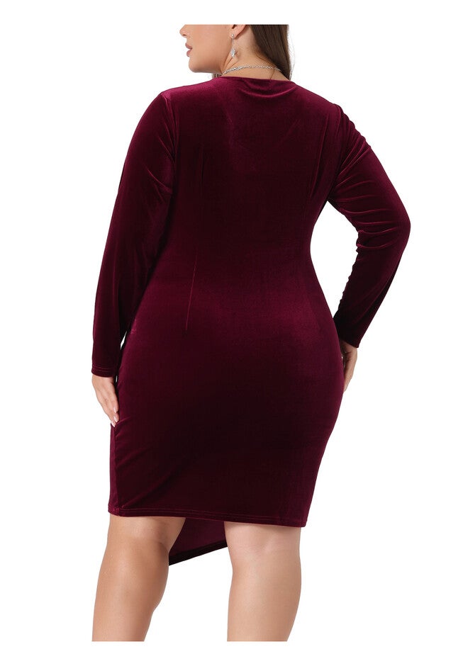 Long Sleeve Velvet Bodycon Wrap V Neck Ruched Cocktail Dress, Burgundy / Burgundy, alternate image number null