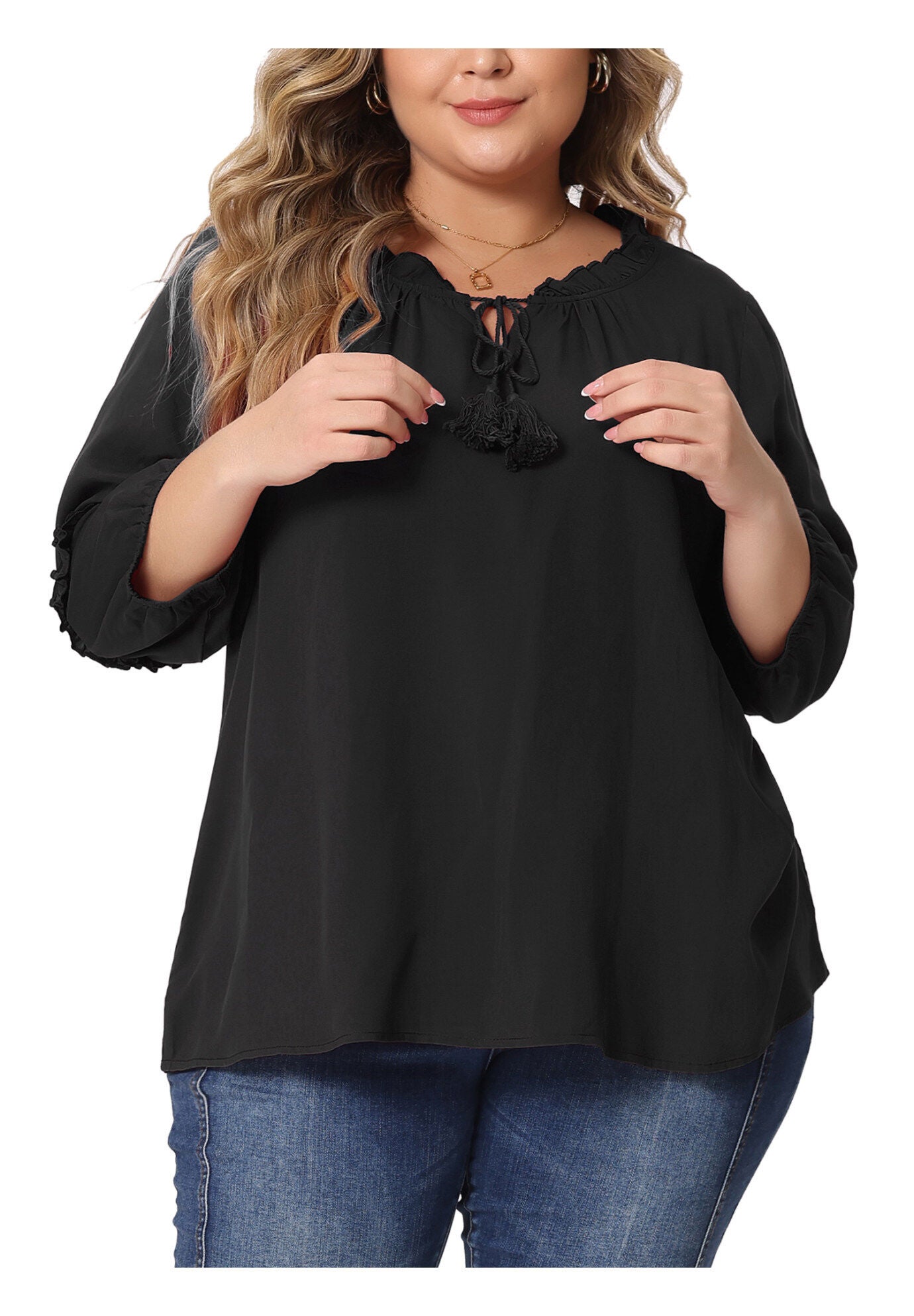 TIE NECK TASSEL SELF FLUTTER 3/4 SLEEVE BLOUSE TOP, Black / Black, alternate image number 3
