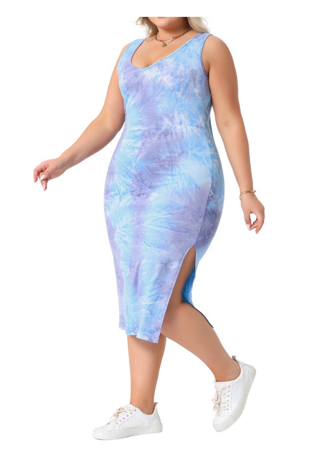 V Neck Sleeveless Tie Dye Midi Beach Sundress Tank Dress, Purple Blue / Light Blue, alternate image number 2