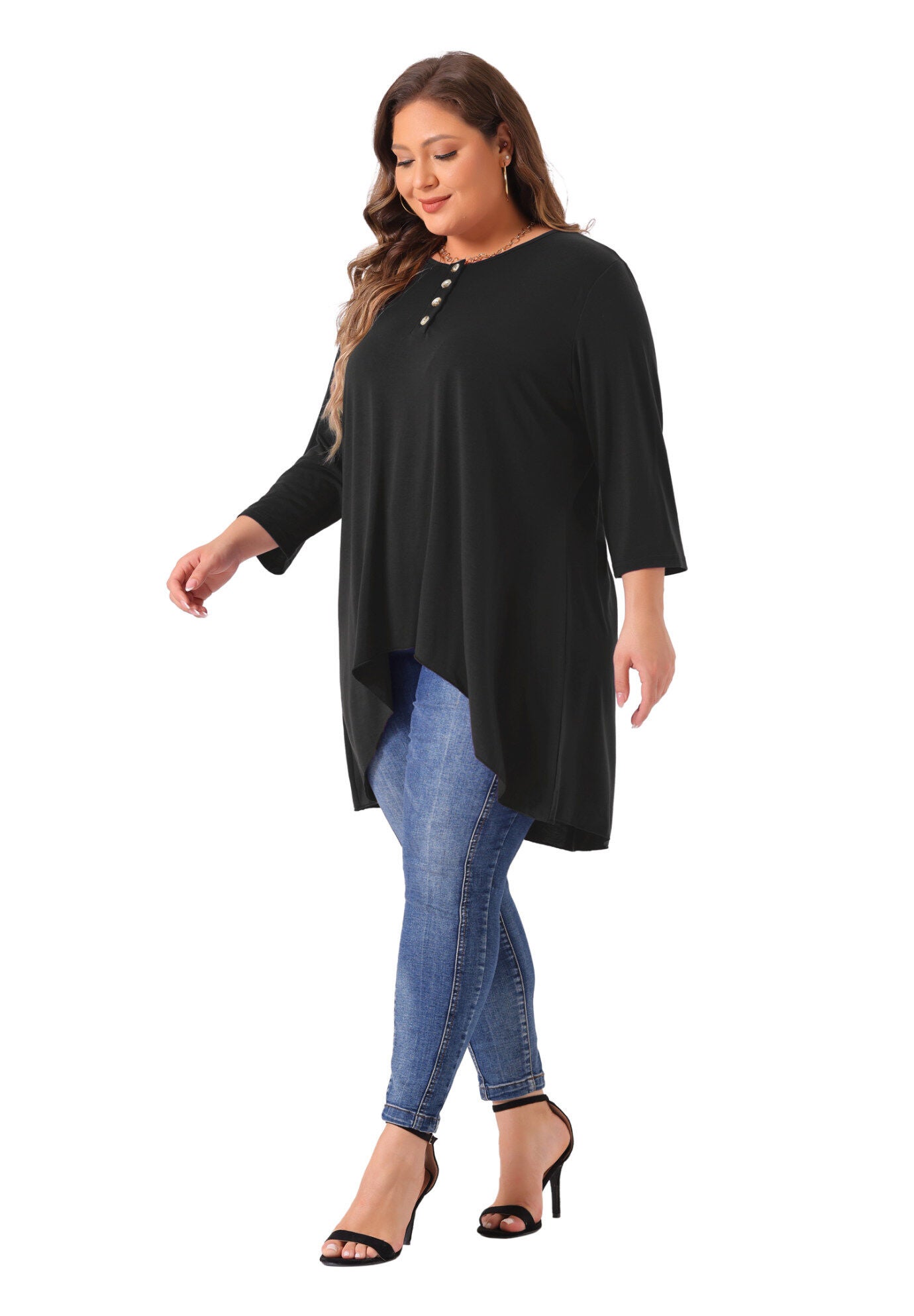 3/4 Sleeve Buttons Crew Neck High Low Loose Fit Tunic Top, Black / Black, hi-res image number 0