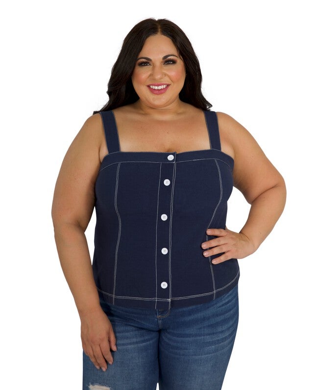 Linen Button Front Top, Navy / Navy, hi-res image number null