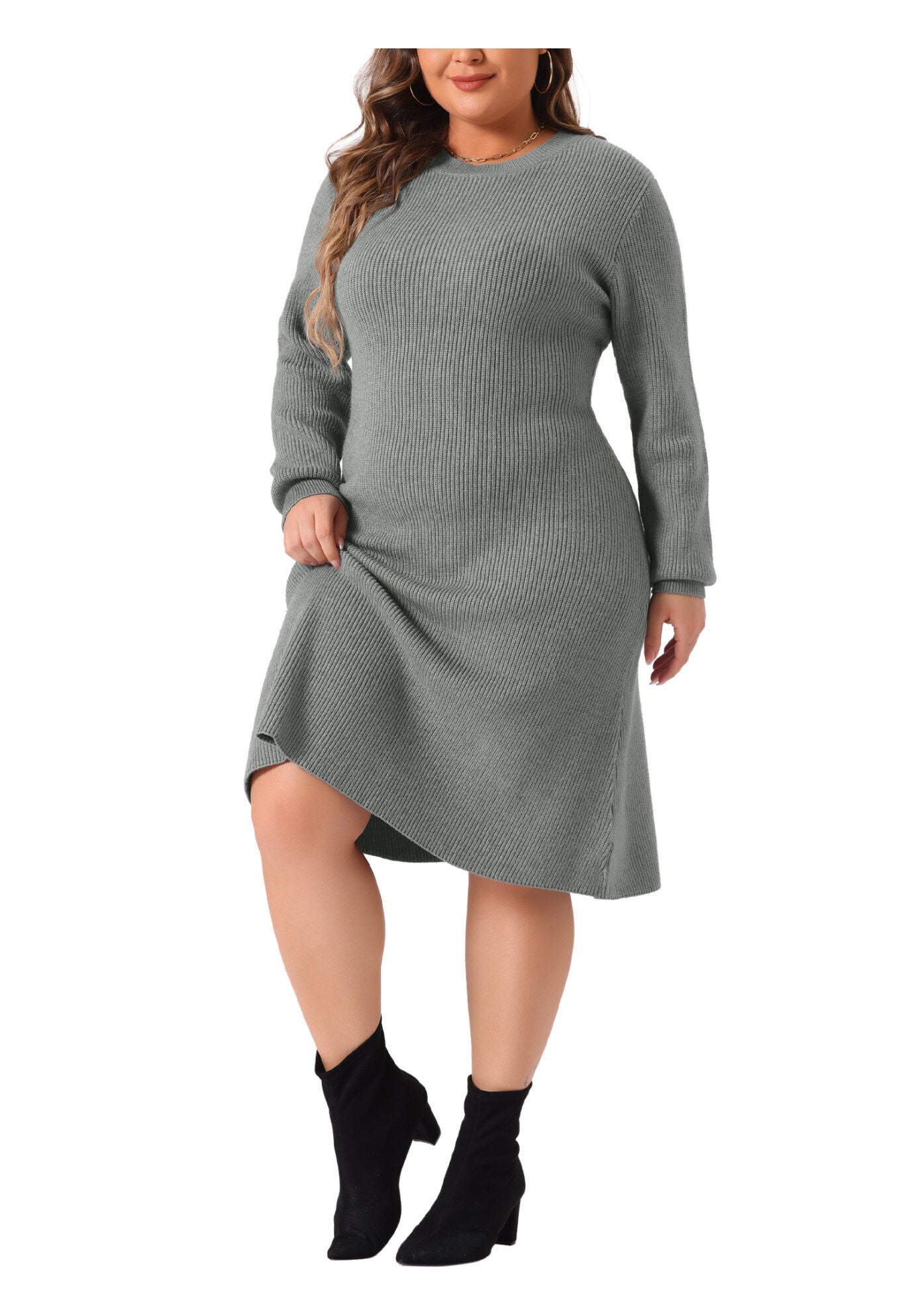 Crew Neck Long Sleeve Knit Pullover Sweater Dress, Gray / Cool Gray, alternate image number 1