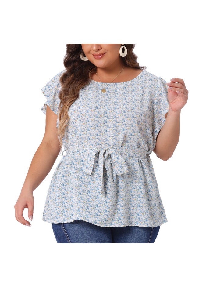 Summer Top Floral Tie Waist Short Sleeves Casual Blouse, Blue / Light Blue, alternate image number null