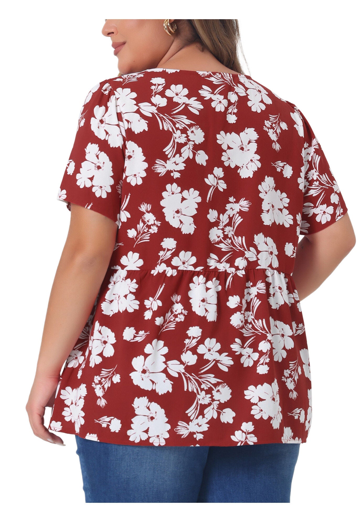 Chiffon Shirt V Neck Ruffle Short Sleeve Floral Peplum Top, Red / Red, alternate image number 3