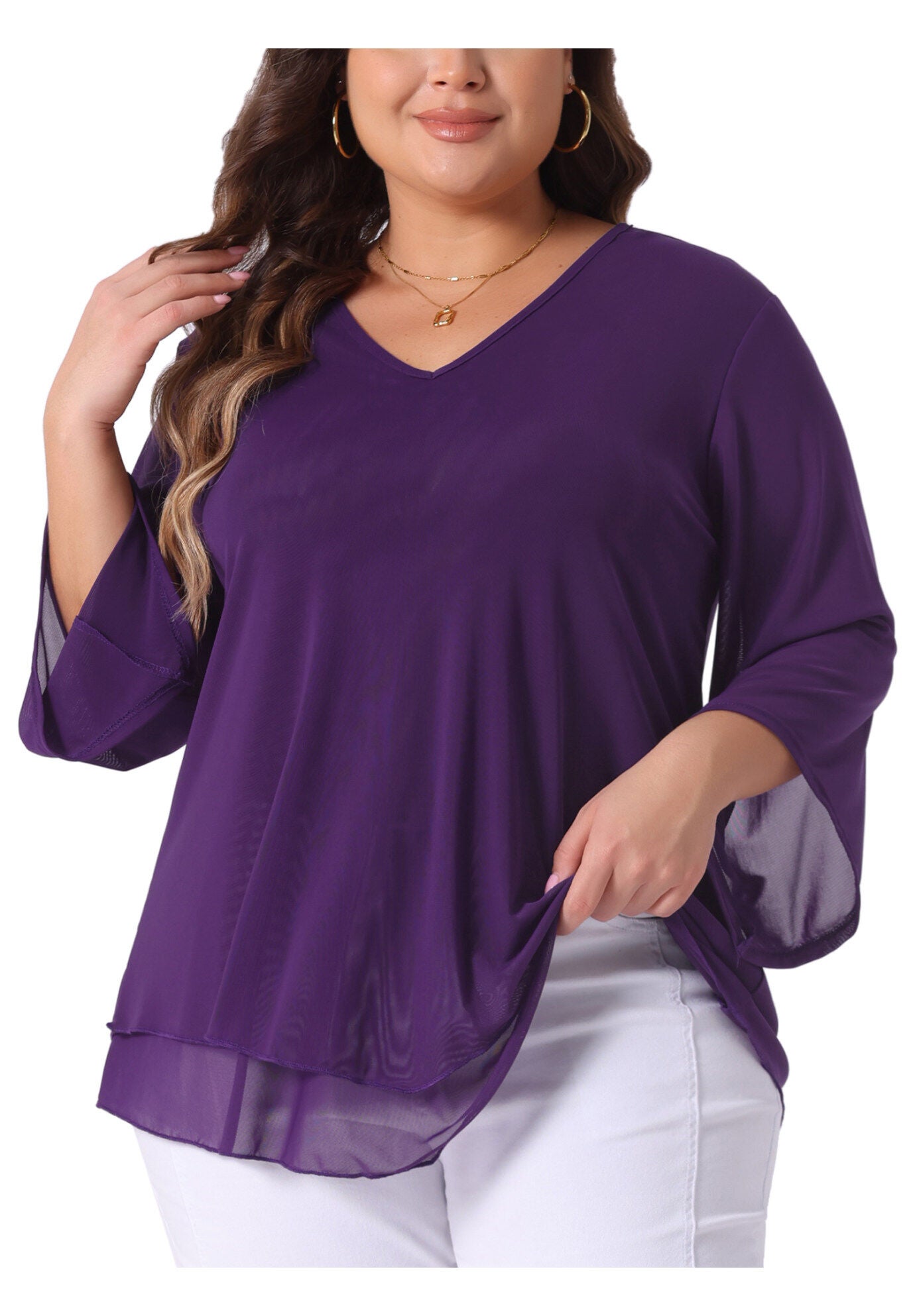 3/4 Sleeve Scoop Neck Double Layers Chiffon Blouse, Purple / Purple, alternate image number 1