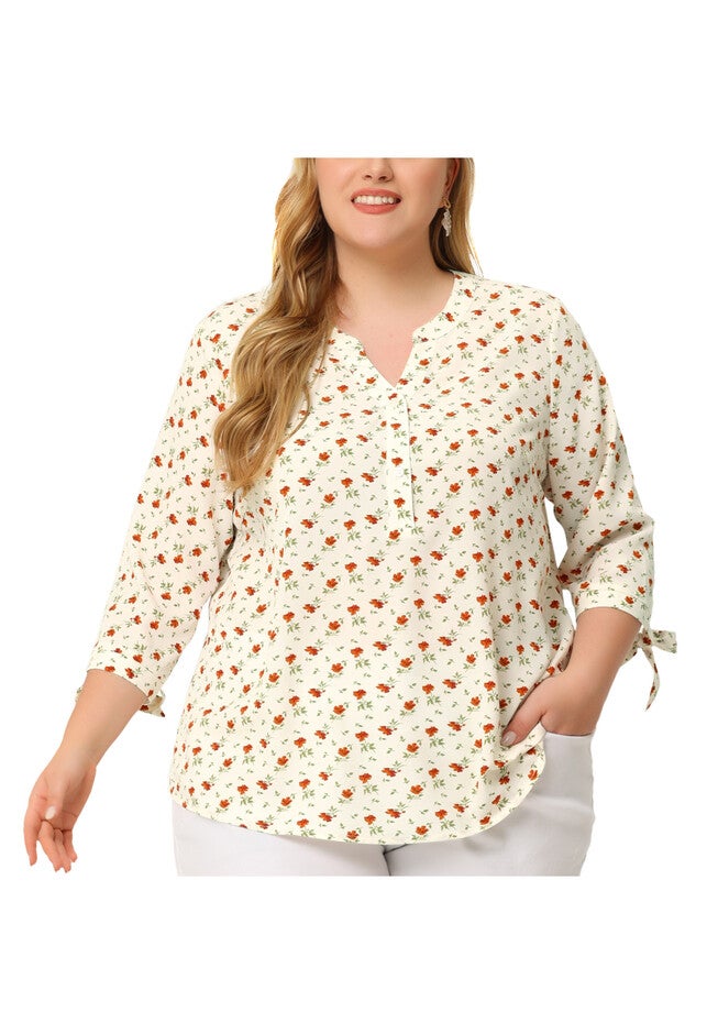 Notched Neck 3/4 Sleeve Floral Blouses Top, White / White, alternate image number 2