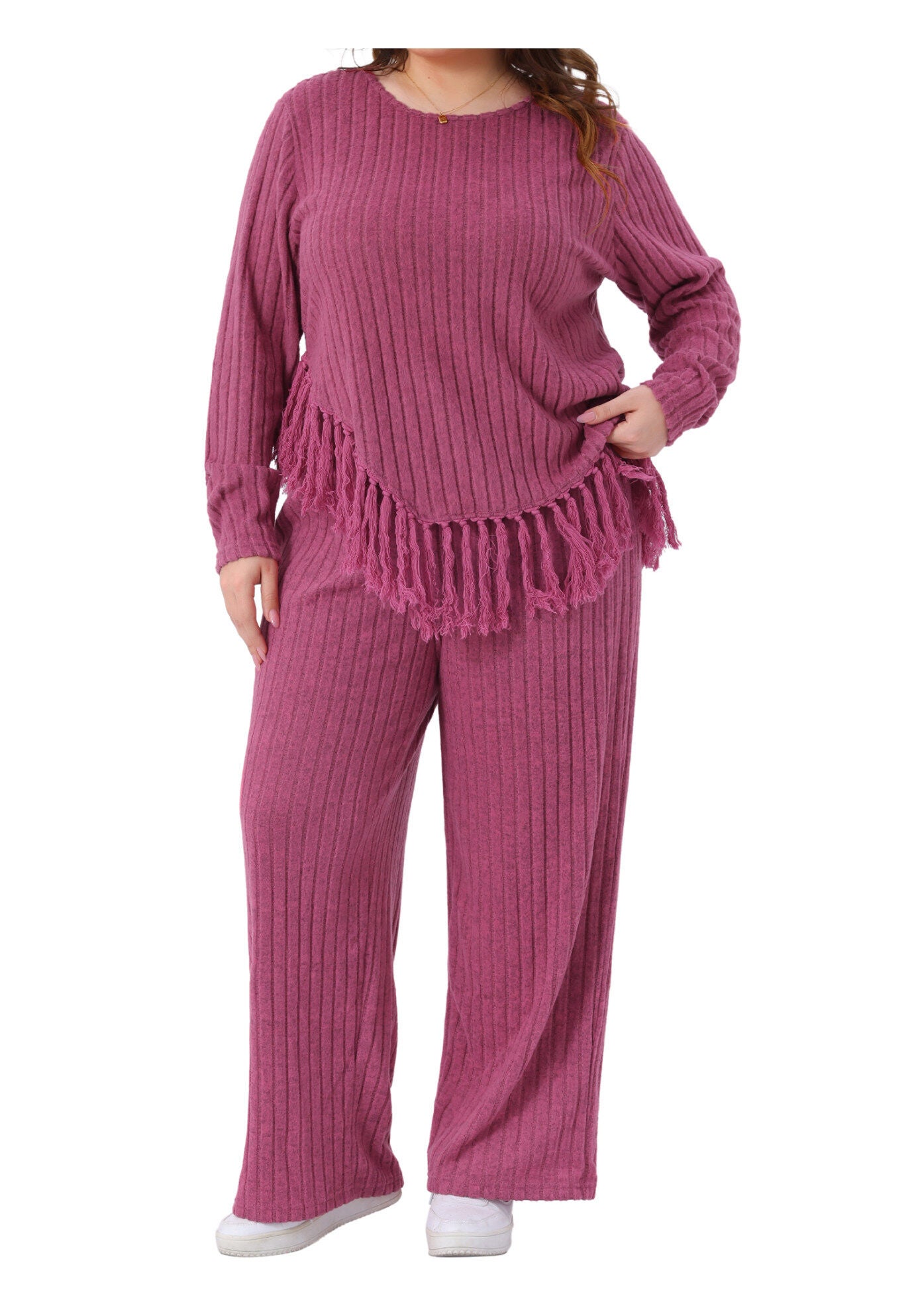 2 Piece Lounge Set Asymmetrical Fringe Hem Outfits, Hot Pink / Deep Fuchsia, alternate image number 1