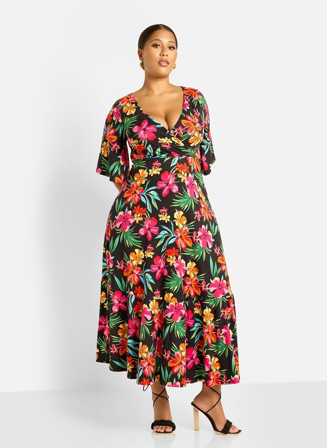 FELINA FLORAL PRINT SKATER MAXI DRESS, Black / Black, alternate image number 1