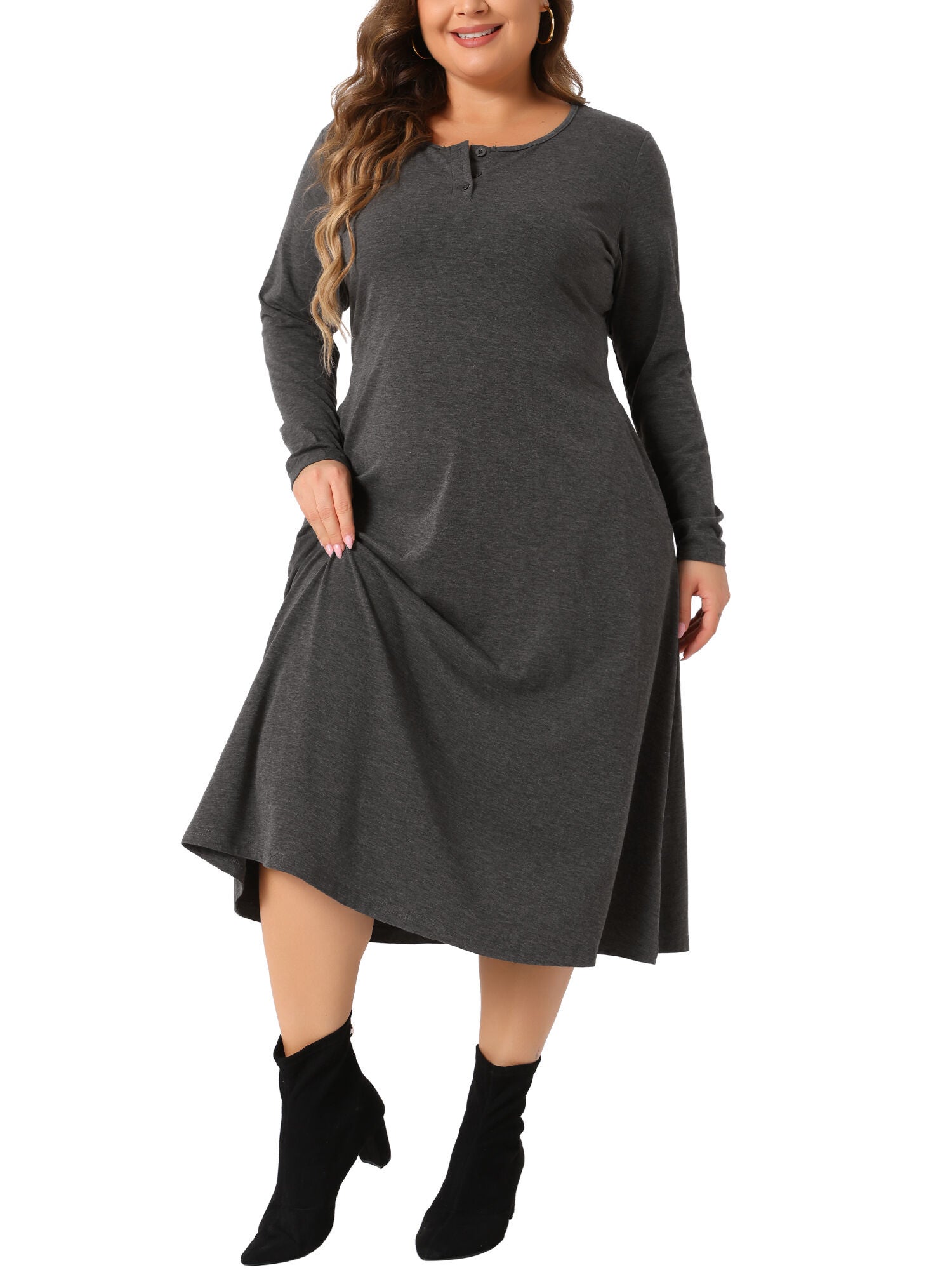 Crew Neck Long Sleeve T-Shirt Dress with Pockets, Dark Gray / Charcoal Grey, alternate image number 1