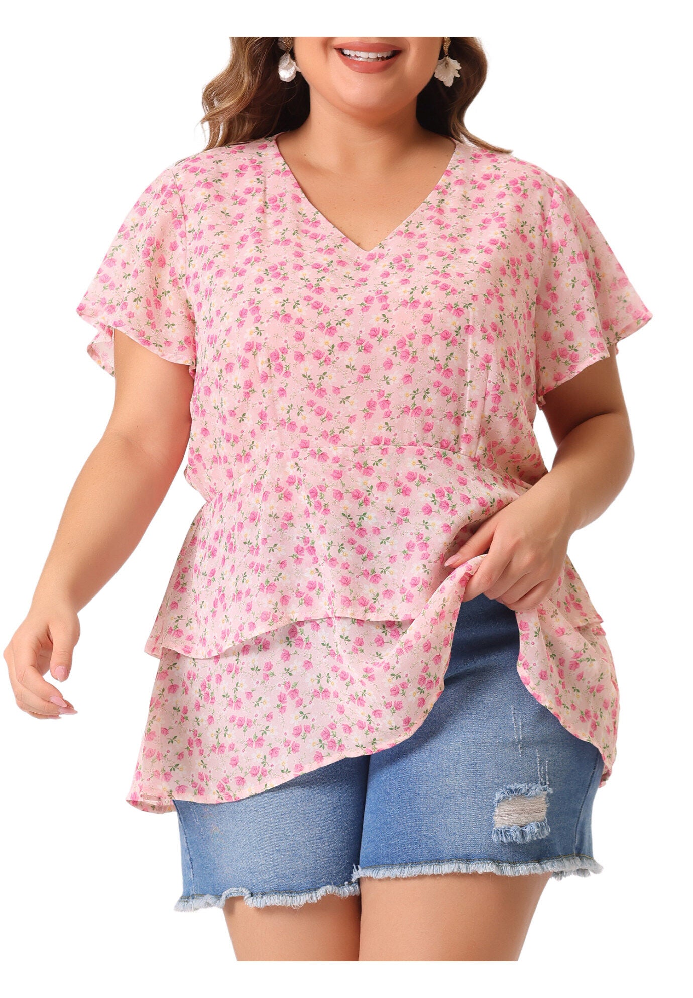 Short Sleeve Layered Casual Floral Blouse Summer Top, Pink / Pink, alternate image number 2