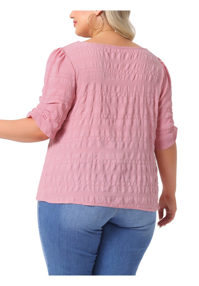 Pleated Notched Short Sleeve Casual Blouse, Pink / Pink, alternate image number 3