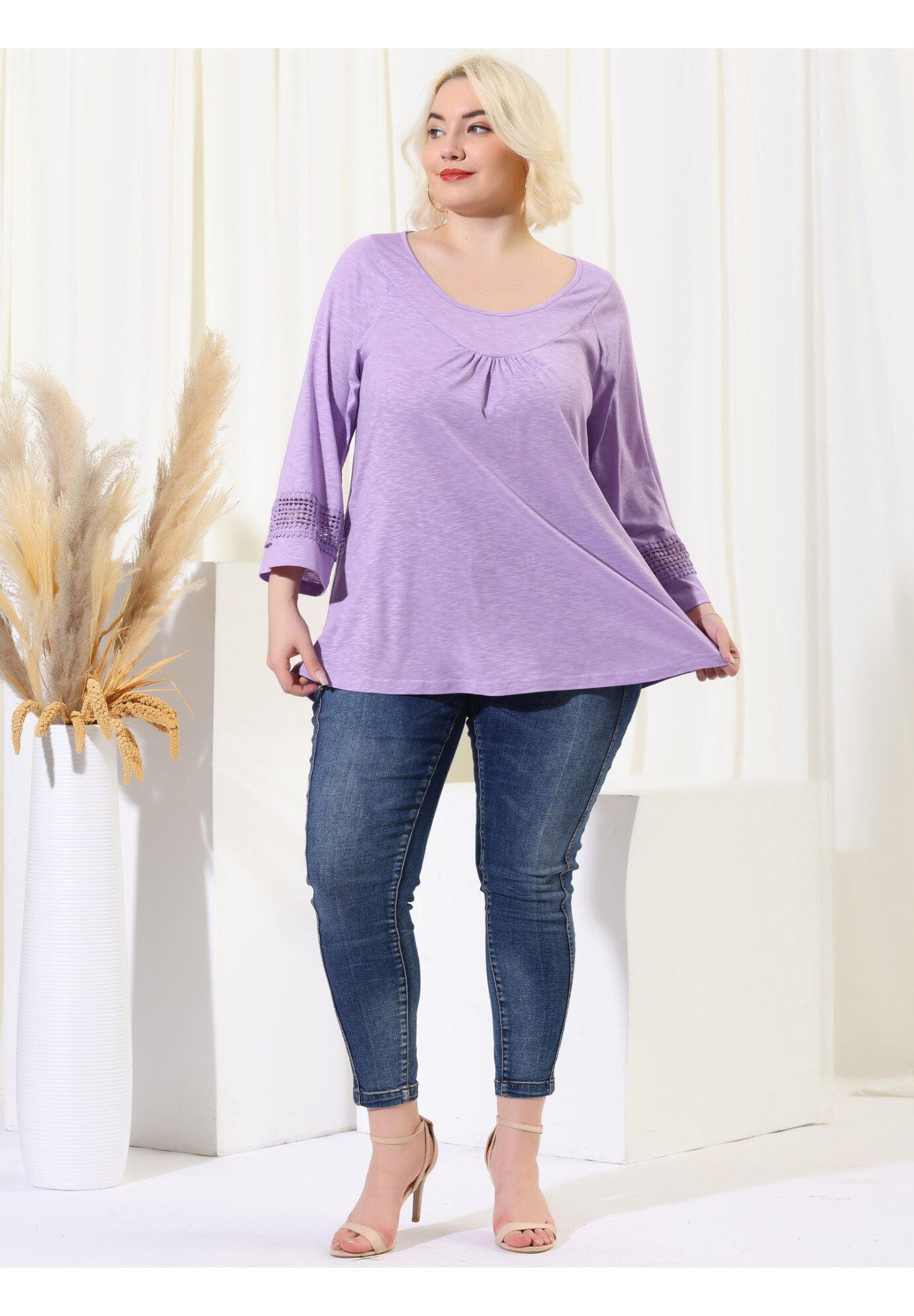 CROCHET PANEL HOLLOW OUT PLEATED TUNICS BLOUSE TOP, Light Purple / Purple, hi-res image number 0