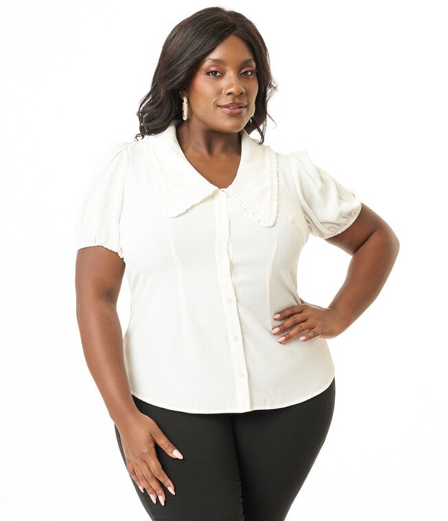 Unique Vintage Plus Size 1930s White Oversized Collar Blouse, White / White, alternate image number 2