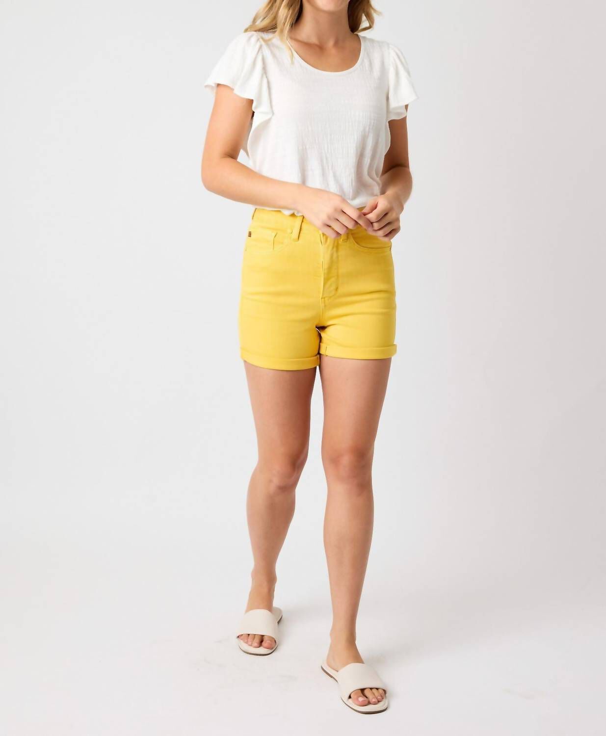 Women'S High Waist Tummy Control Garment Dyed Shorts In Yellow, Yellow / Yellow, hi-res image number 0