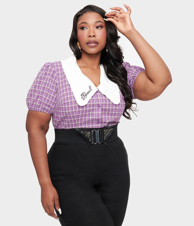 1930s Purple Plaid Oversized Collar Blouse, Purple Plaid / Purple, hi-res image number 0