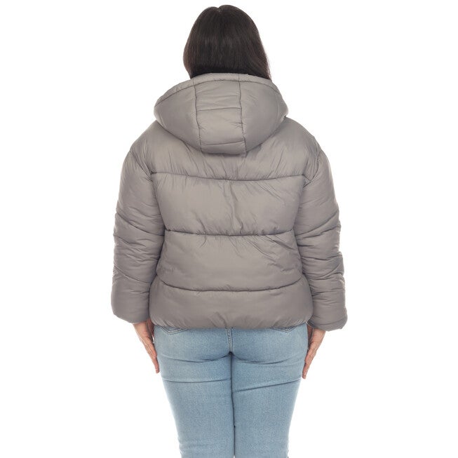Women's Full Front Zip Hooded Bomber Puffer Coat, Grey / Charcoal Grey, alternate image number 4