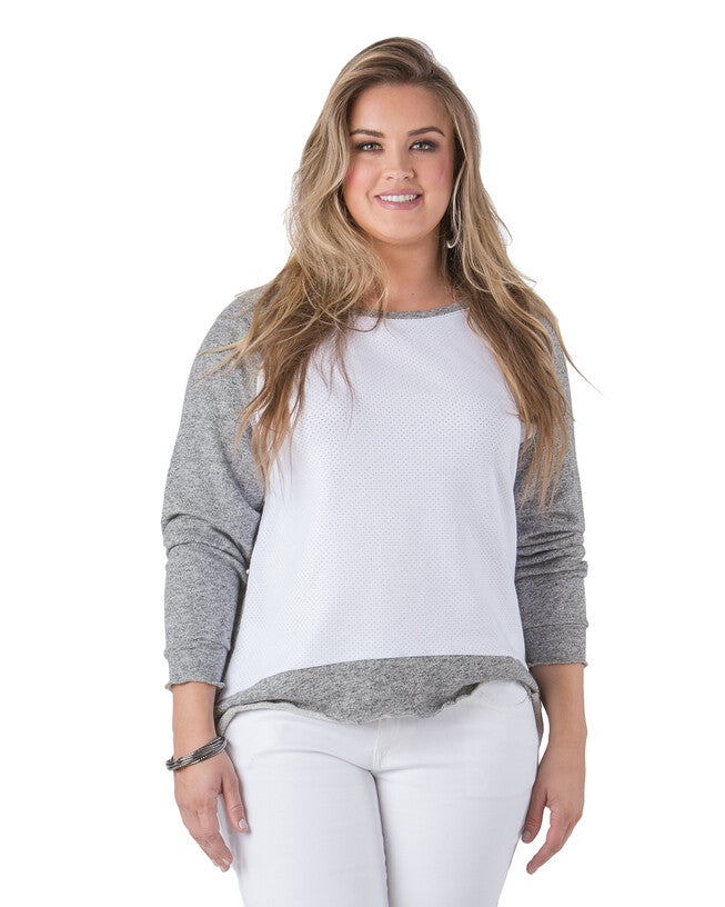 Plus Size Neesa Arm Patch French Terry Long Sleeve Mesh Top, White / White, hi-res image number 0