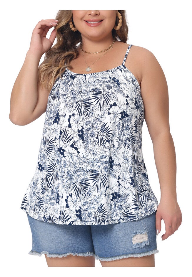 Boho Floral Loose Cami Spaghetti Strap Tunic, Navy Blue / Navy, hi-res image number null