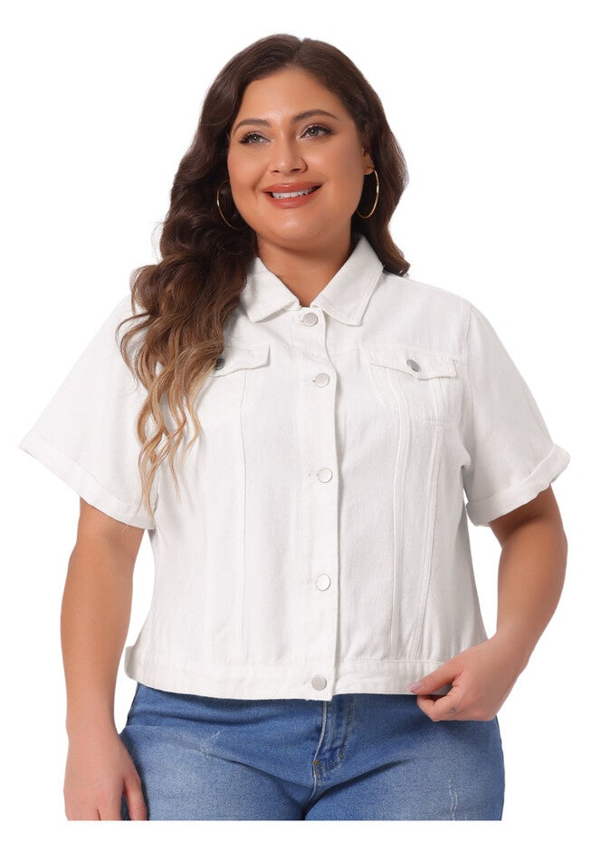 BUTTON FRONT CROP JEAN SHORT SLEEVE DENIM JACKET, White / White, alternate image number 2