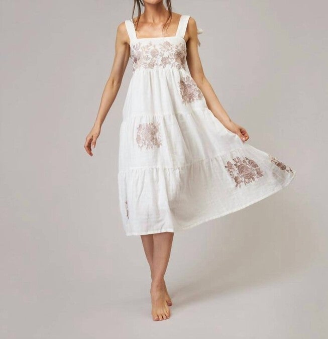 SHAY DOUBLE COTTON GAUZE DRESS IN IVORY WITH TAN ROSES, Ivory With Tan Roses / White, alternate image number 2