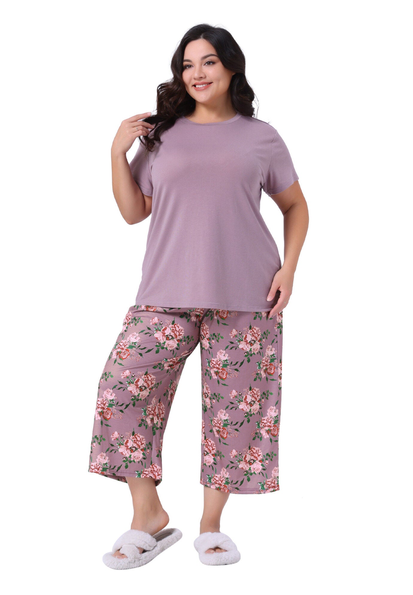 Short Sleeve Tops Pants Two-Piece Pajamas Set, Purple / Purple, hi-res image number 0