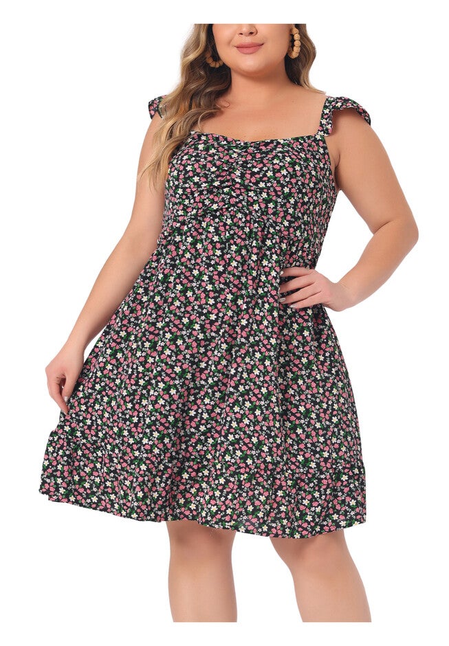 Sweetheart Neck Ruffle Sleeveless Backless Summer Floral Dress, Black / Black, alternate image number 1