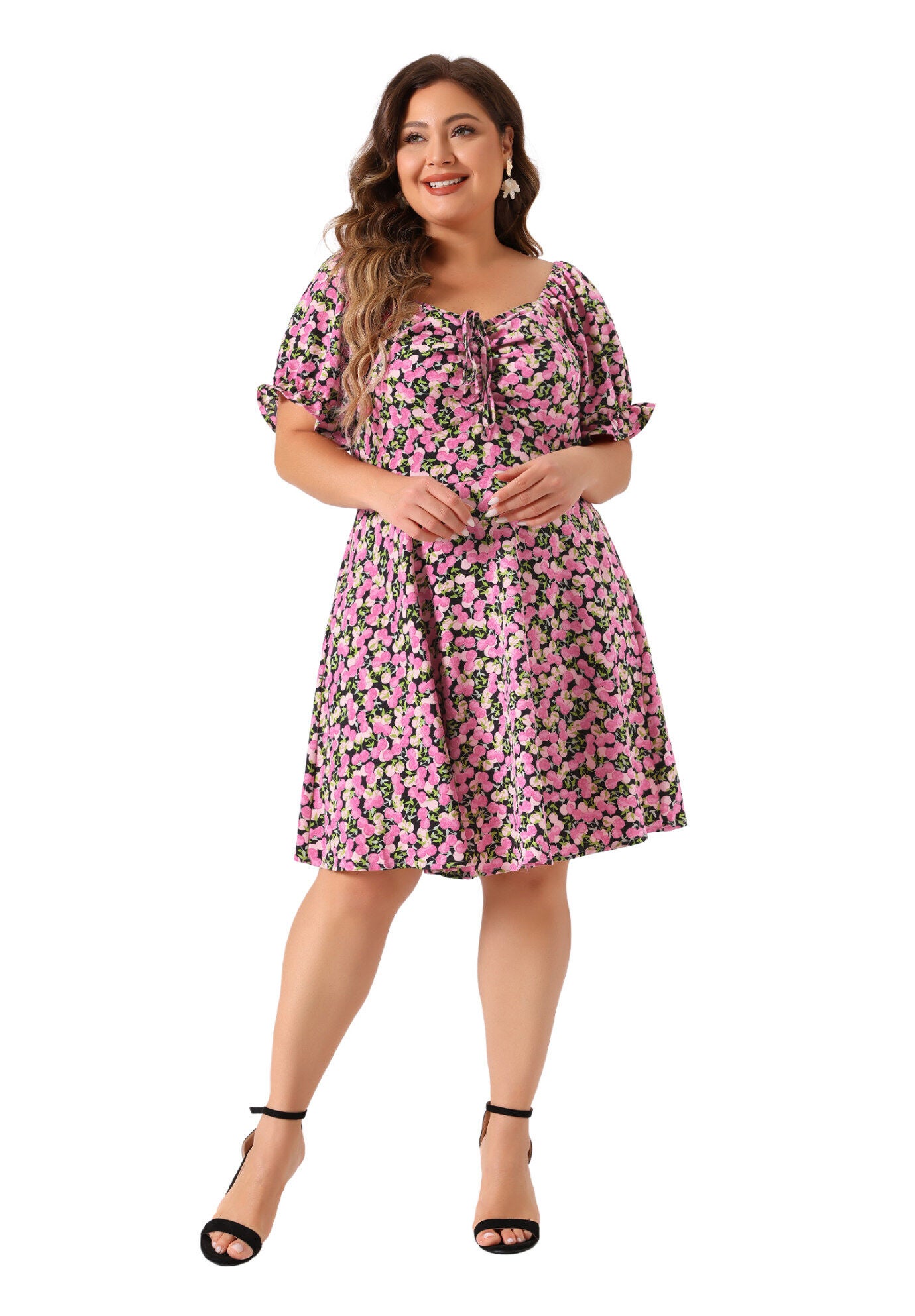 Sweetheart Neck Puff Short Sleeve Tie Swing A Line Midi Floral Dress, Black / Black, hi-res image number 0