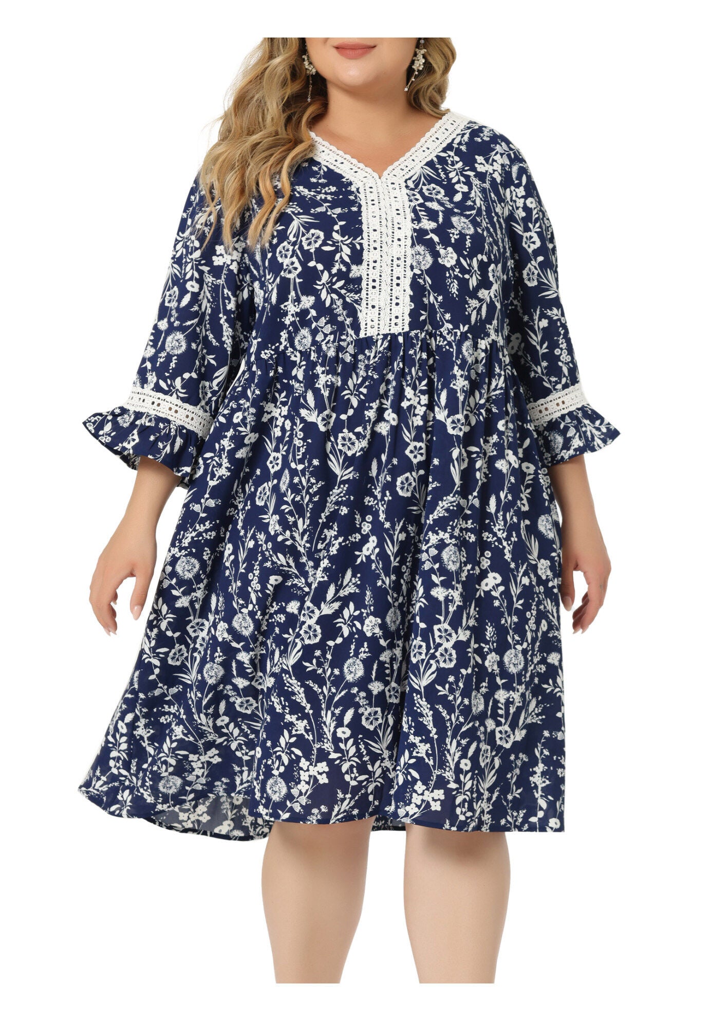 Vintage Lace Floral Ruffle V Neck 3/4 Sleeve Midi Babydoll Dress, Navy Blue / Navy, alternate image number 2