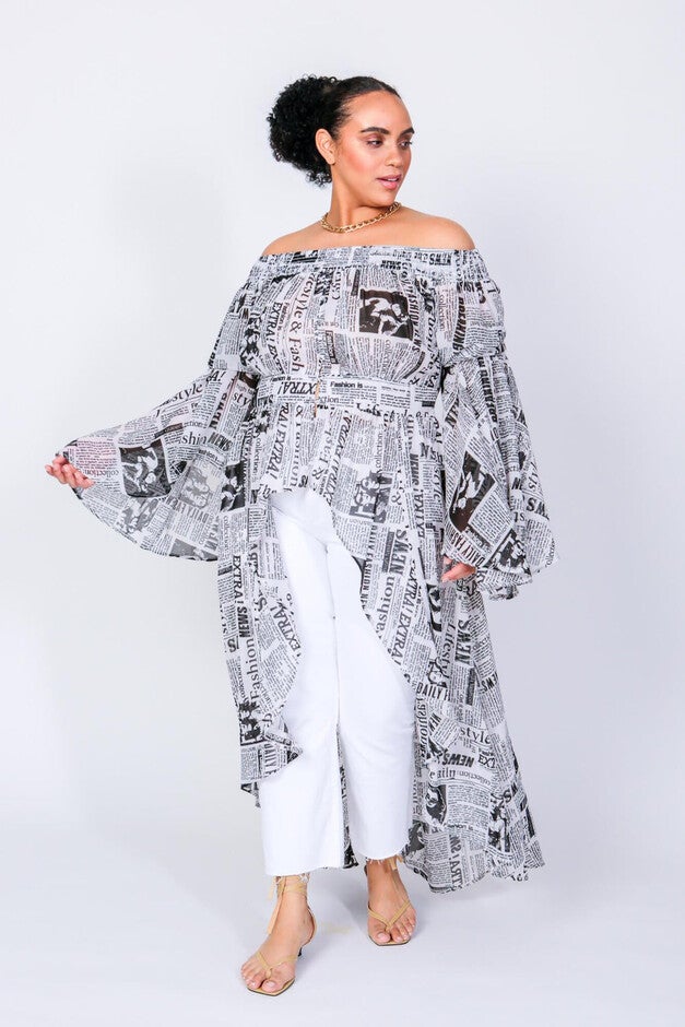 The Times Off The Shoulder Duster, Newspaper Print / White, hi-res image number 0
