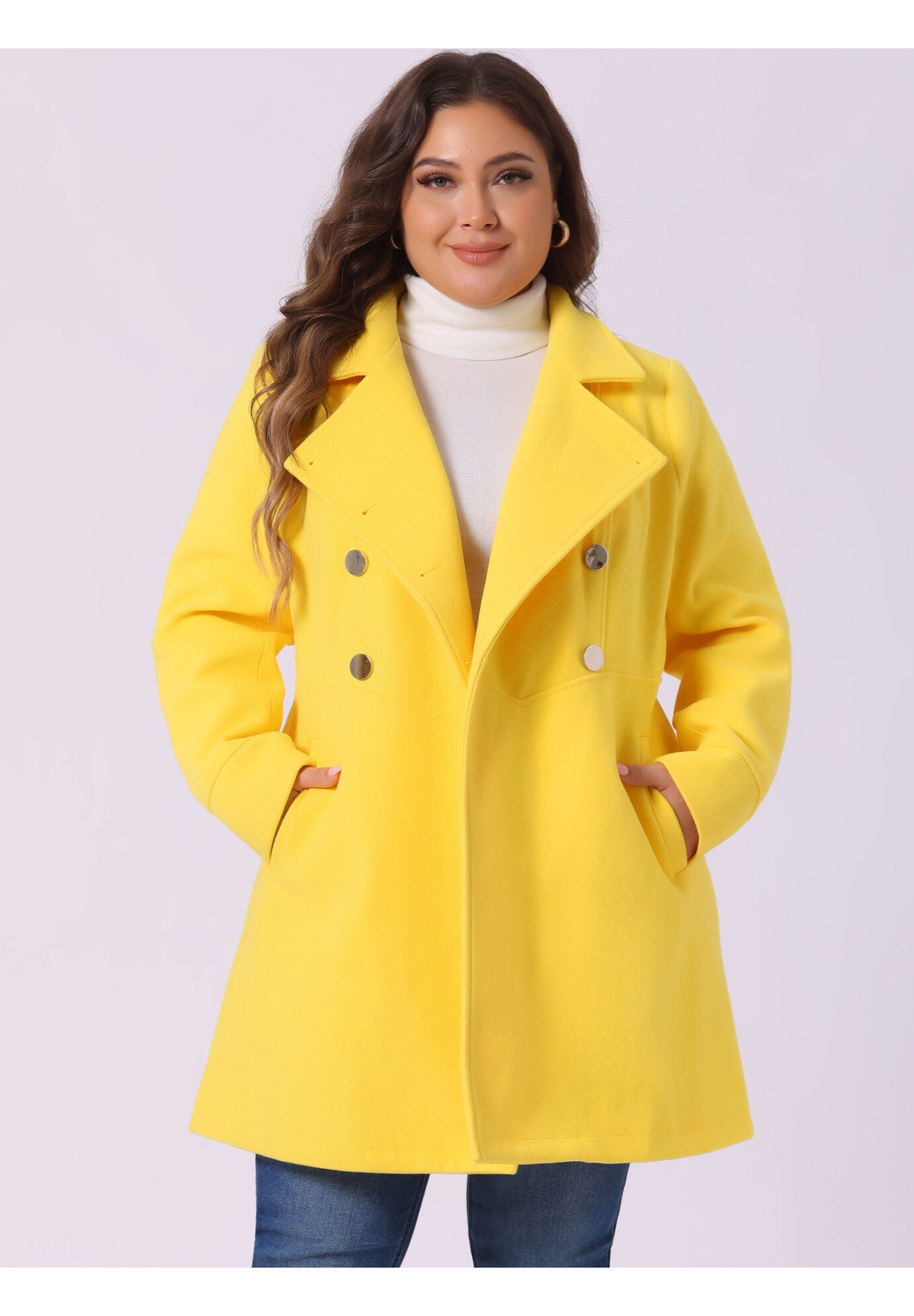 A-Line Peter Pan Collar Double Breasted Peacoat, Yellow / Yellow, alternate image number 1