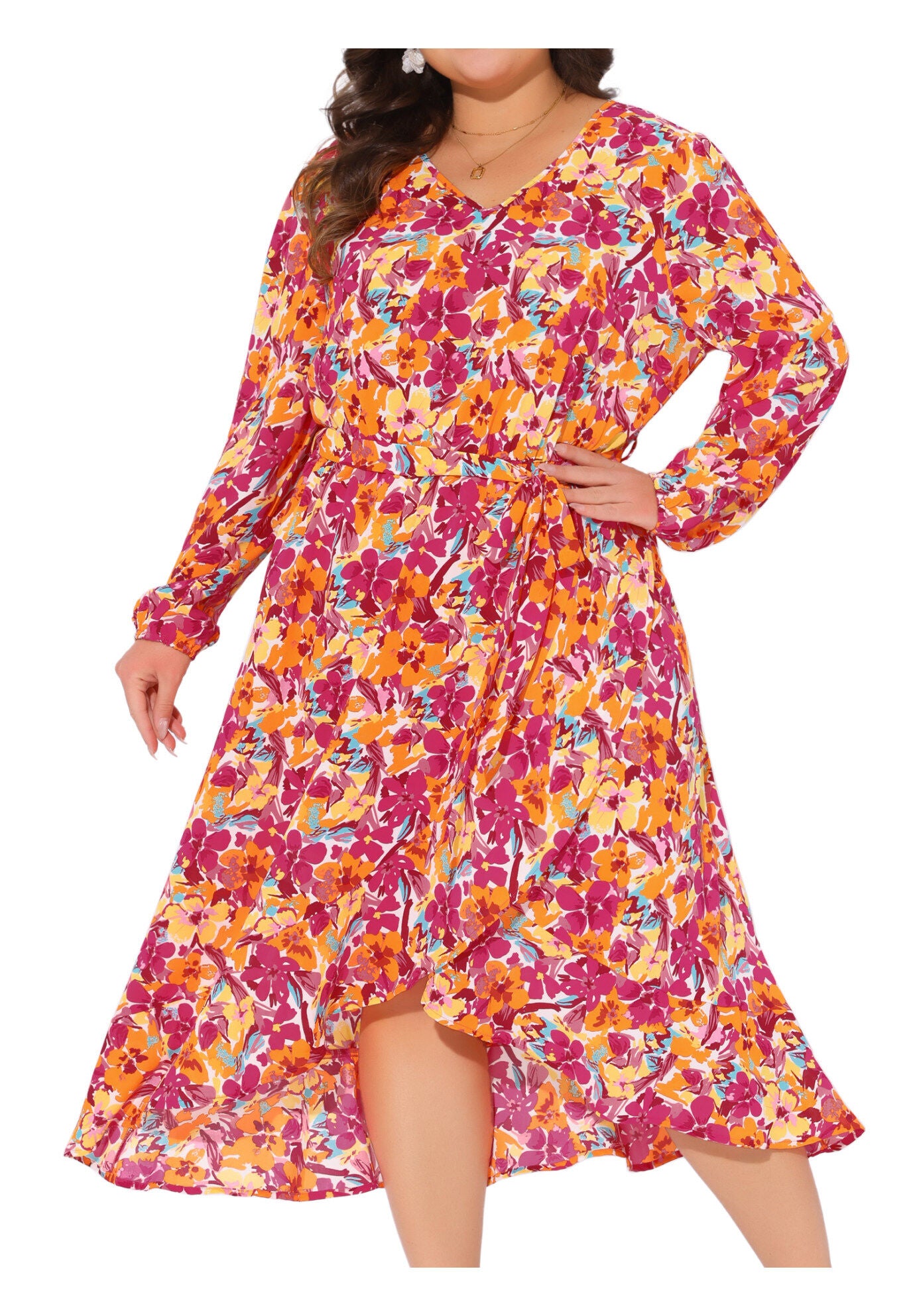 V Neck Long Sleeve Ruffle Chiffon Flowy Floral Maxi Dress with Belt, Orange / Orange, alternate image number 2