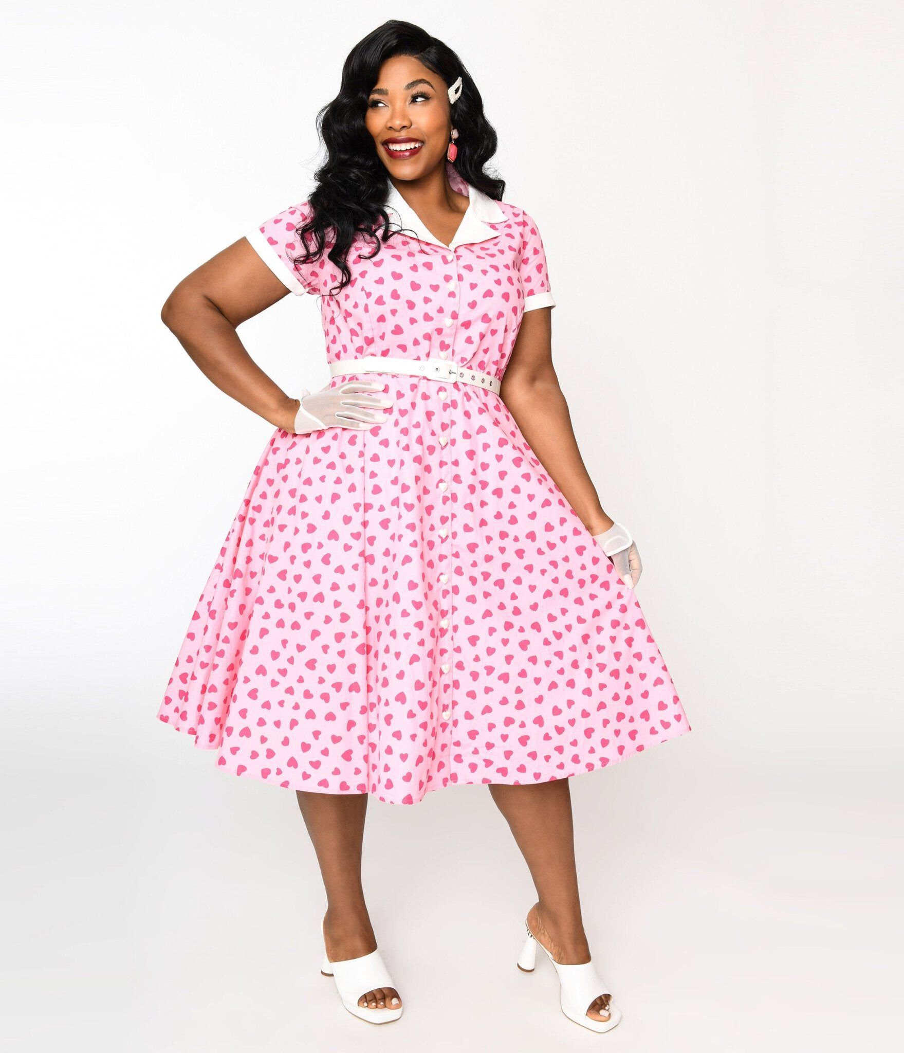 Unique Vintage Hot Pink Heart Alexis Swing Dress, Hot Pink Heart / Pink, hi-res image number 0