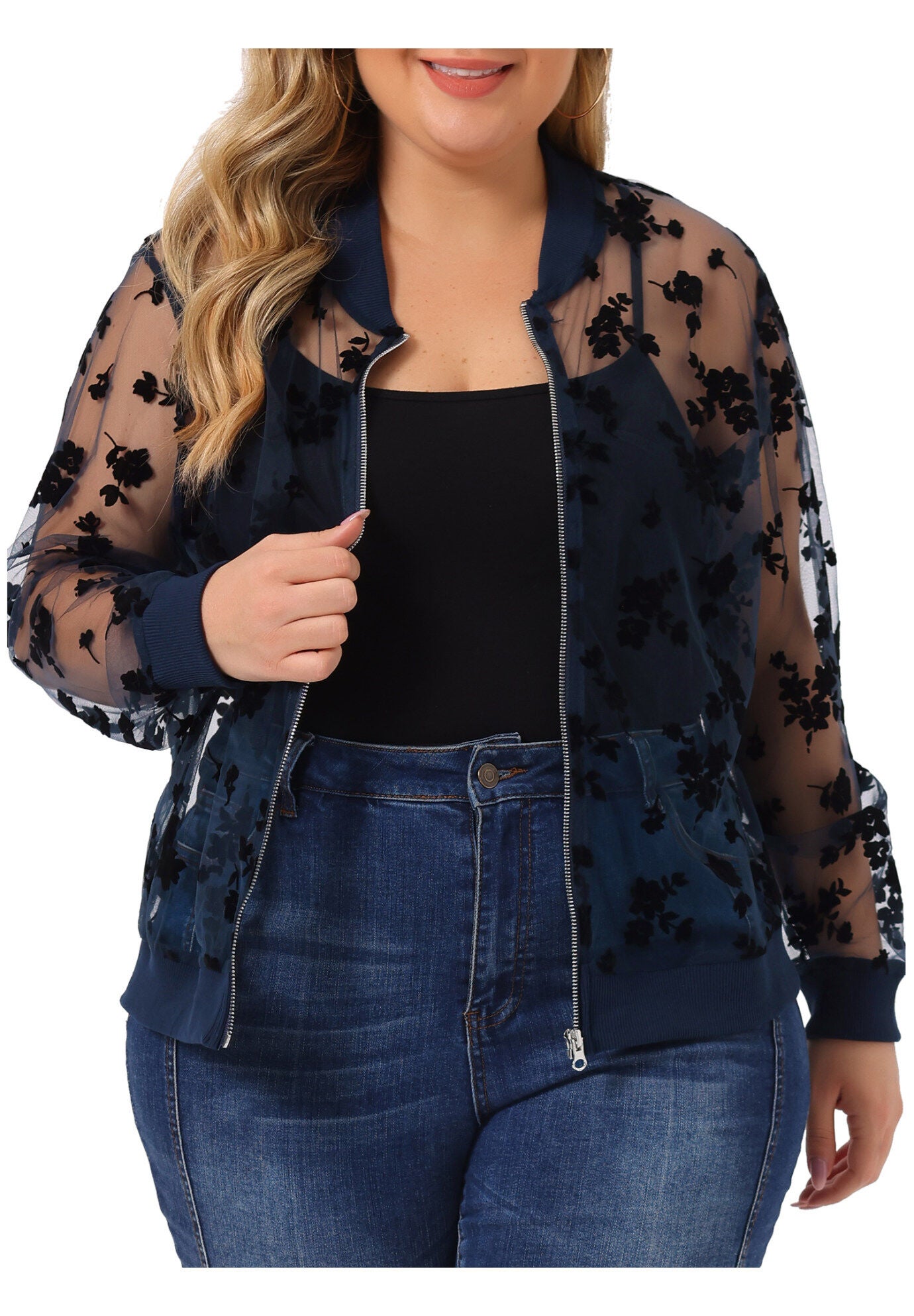 SHEER FLORAL LACE LONG SLEEVE BASEBALL JACKET, Navy Blue / Navy, alternate image number 3