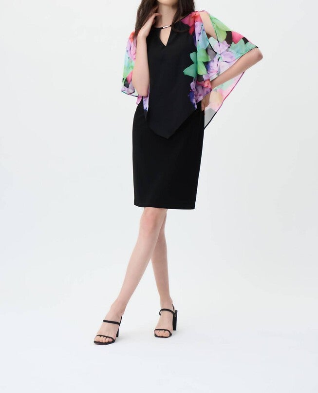 FLORAL PRINTED SLEEVES DRESS IN BLACK/MULTI, BlackMulti / Black, hi-res image number null