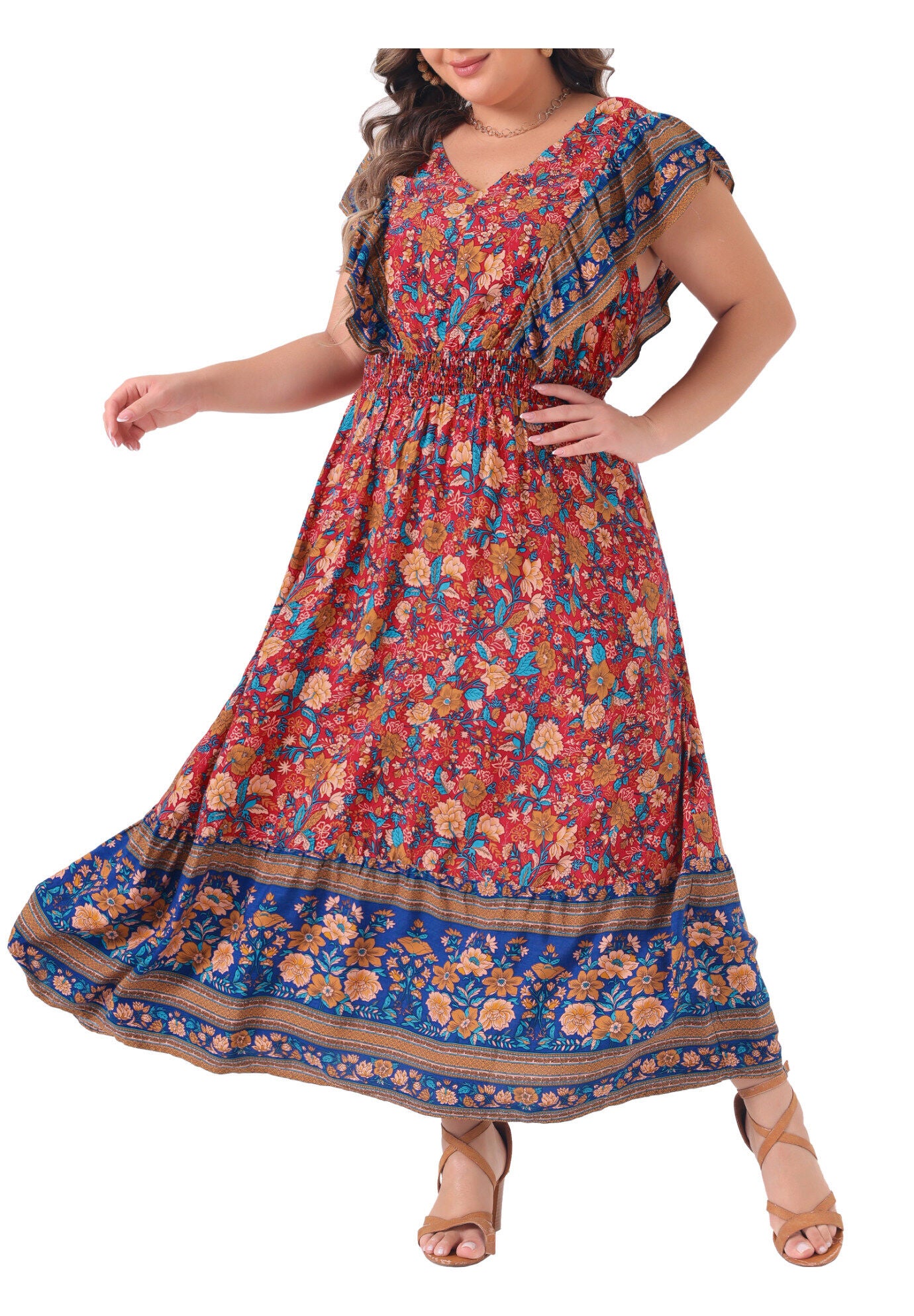 V Neck Ruffle Sleeve Boho Floral Maxi Long Dress, Red / Red, alternate image number 2