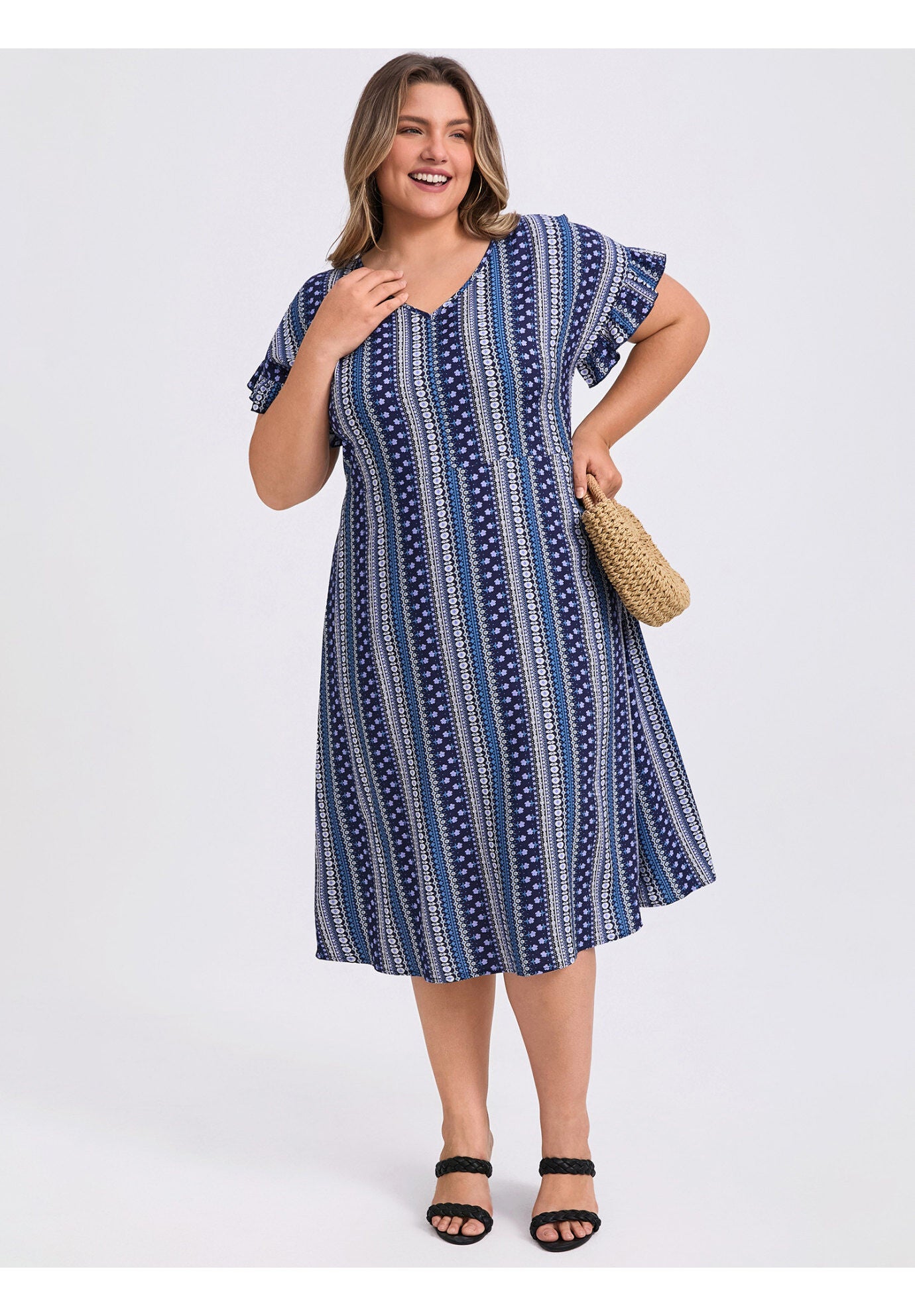 Boho Floral Stripe V Neck Ruffle Sleeve Flowy Midi Dress with Pockets, Navy Blue / Navy, alternate image number 1
