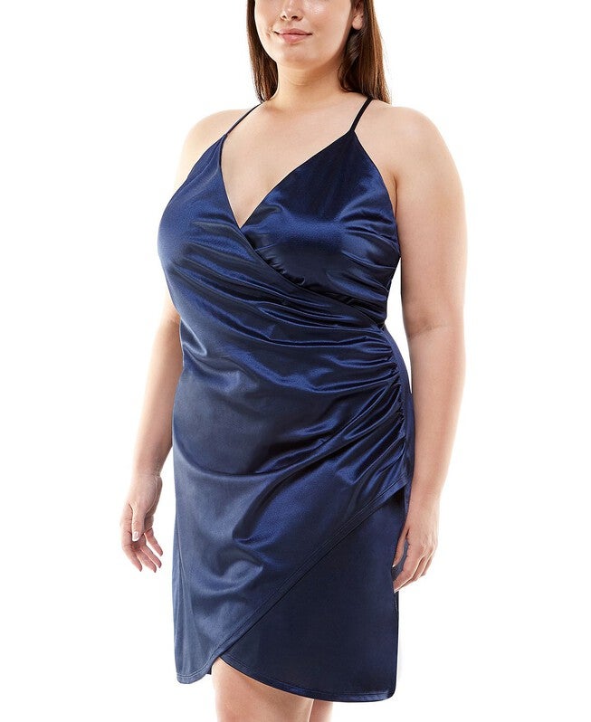 Speechless Women's Trendy Plus Satin Faux Wrap Dress Blue Size 16W, Blue / Navy, hi-res image number 0