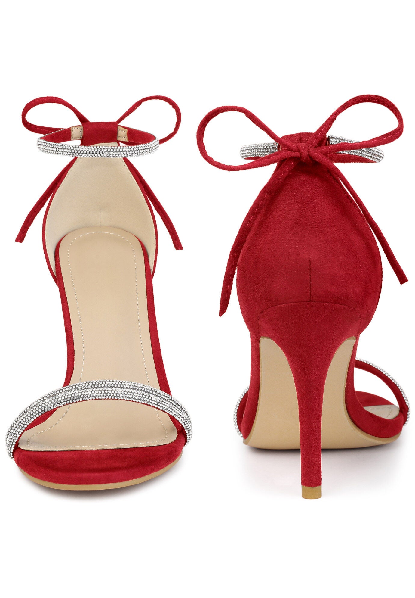 Rhinestone Ankle Tie Stiletto Heels Sandals, Red / Red, alternate image number 1
